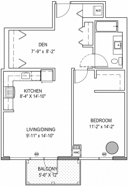 Floor plan for 1 bed, 1 bath, 845 sqft