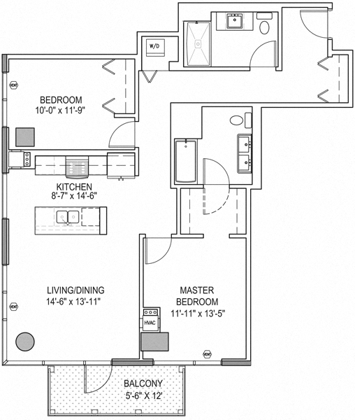 Floor plan for 2 beds, 2 baths, 1105 sqft