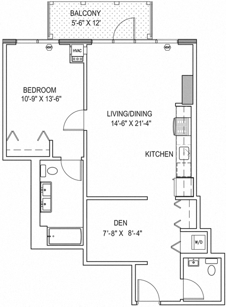 Floor plan for 1 bed, 1.5 baths, 838 sqft