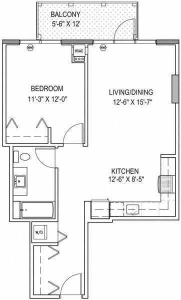 Floor plan for 1 bed, 1 bath, 752 sqft