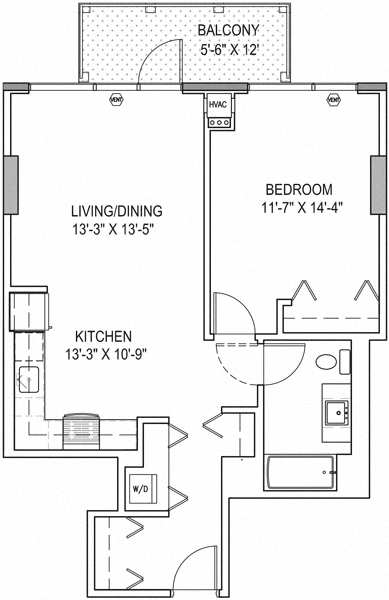 Floor plan for 1 bed, 1 bath, 783 sqft