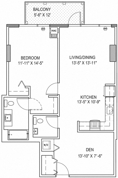 Floor plan for 1 bed, 1.5 baths, 923 sqft