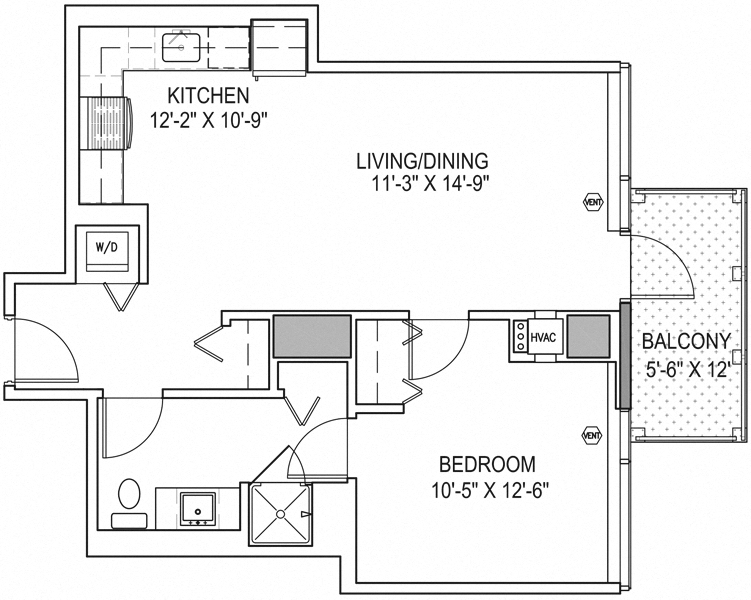 Floor plan for 1 bed, 1 bath, 668 sqft