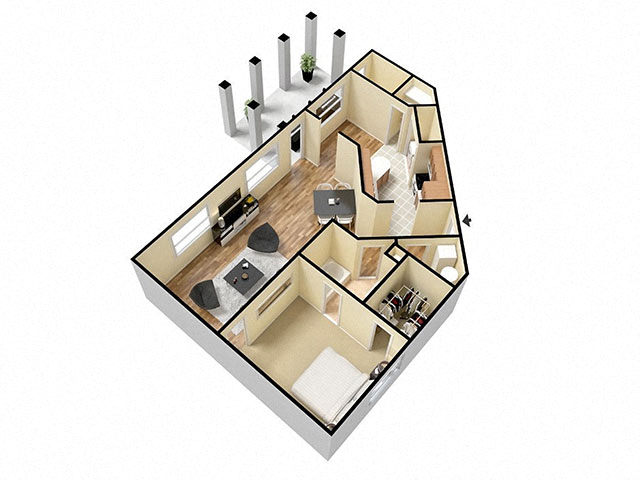 Floor plan for 1 bed, 1 bath, 974 sqft