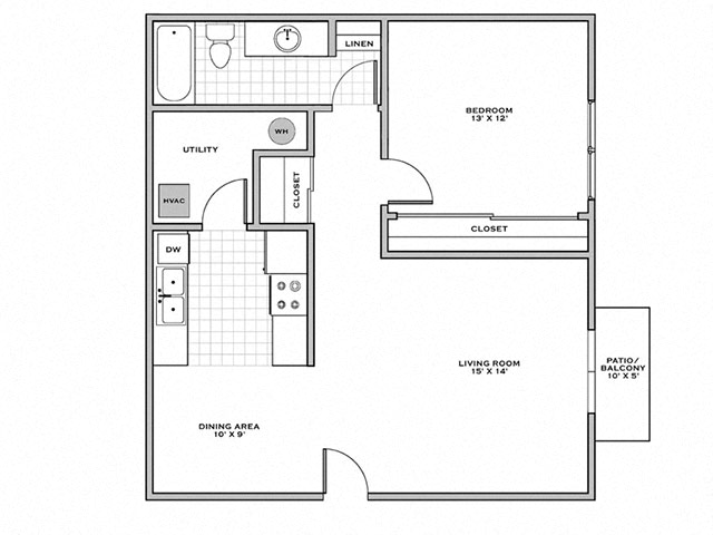 Floor plan for 1 bed, 1 bath, 750 sqft