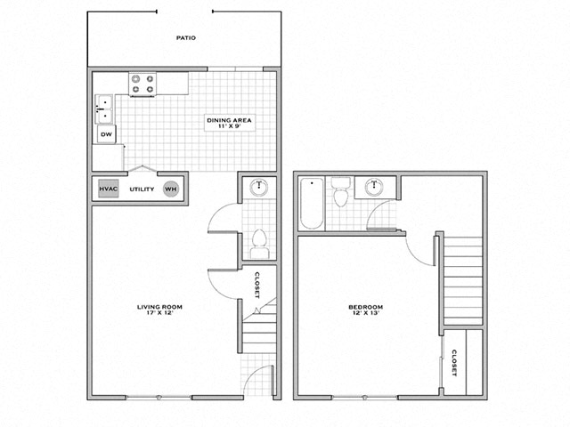Floor plan for 1 bed, 1.5 baths, 750 sqft