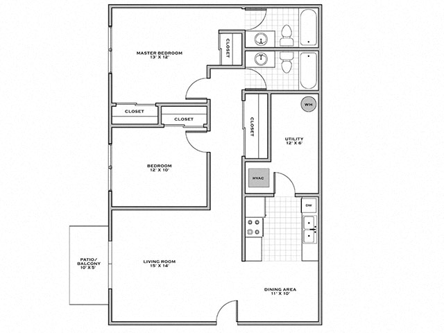 Floor plan for 2 beds, 2 baths, 1050 sqft