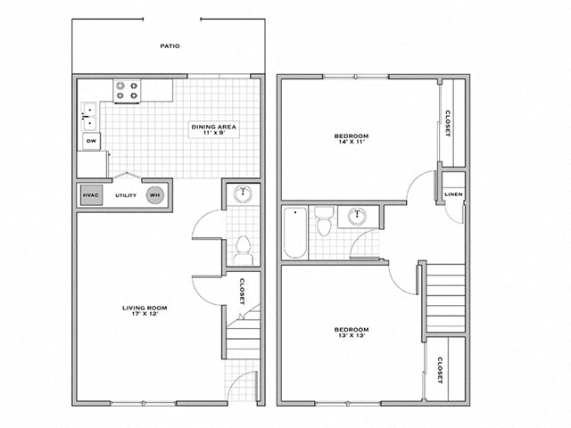 Floor plan for 2 beds, 1.5 baths, 1050 sqft