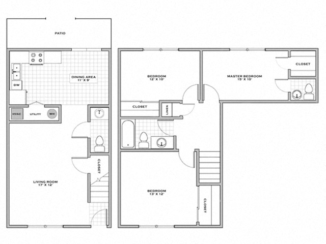 Floor plan for 3 beds, 1.5 baths, 1250 sqft