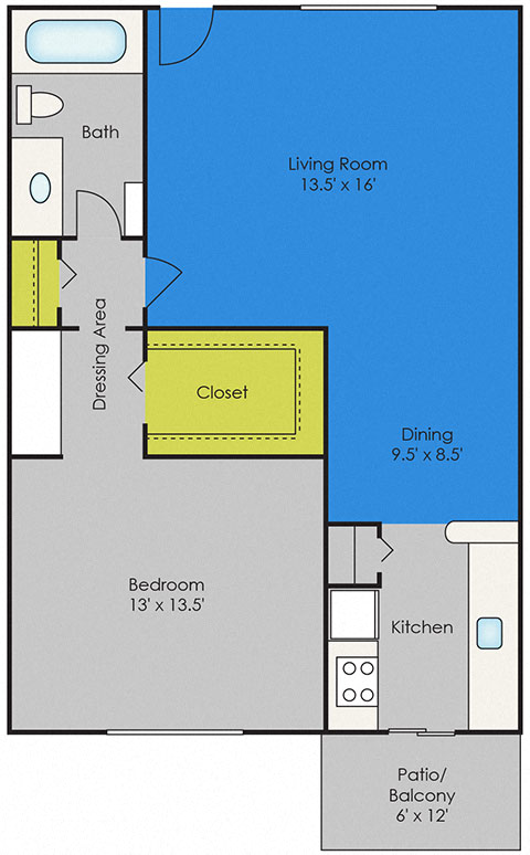 Floor plan for 1 bed, 1 bath, 660 sqft