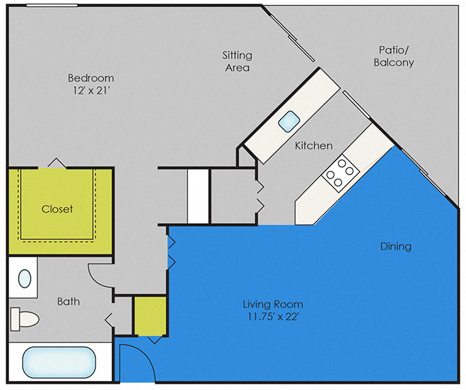 Floor plan for 1 bed, 1 bath, 706 sqft