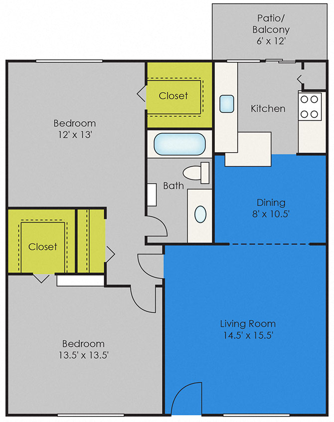 Floor plan for 2 beds, 1 bath, 924 sqft