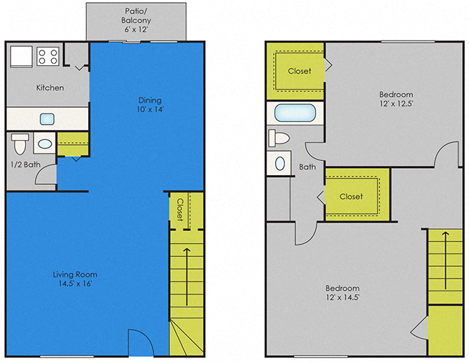 Floor plan for 2 beds, 1.5 baths, 986 sqft