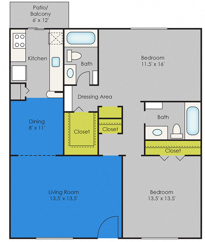 Floor plan for 2 beds, 2 baths, 990 sqft