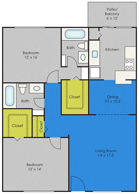 Floor plan for 2 beds, 2 baths, 1055 sqft