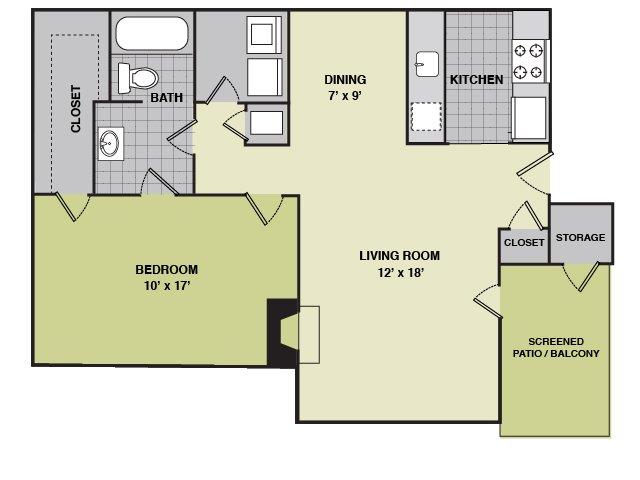 Floor plan for 1 bed, 1 bath, 854 sqft