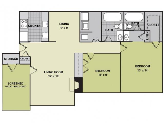 Floor plan for 2 beds, 2 baths, 1028 sqft
