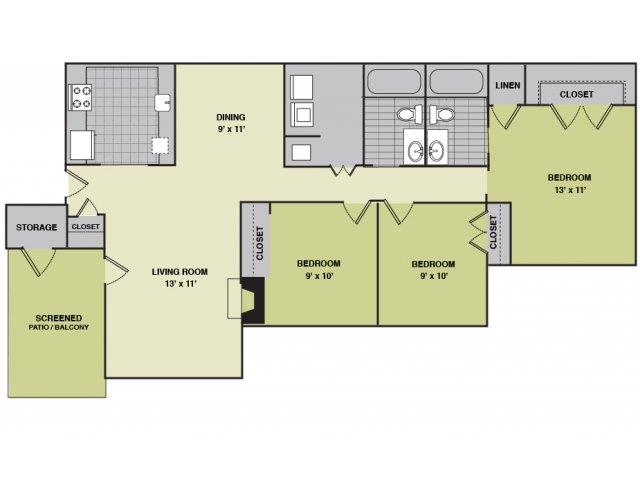 Floor plan for 3 beds, 2 baths, 1300 sqft