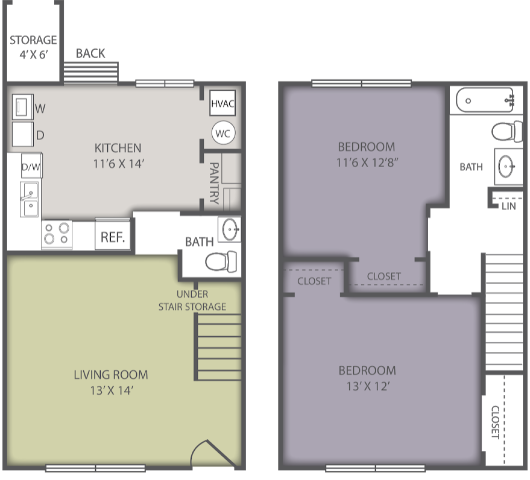 Floor plan for 2 beds, 1.5 baths, 875 sqft
