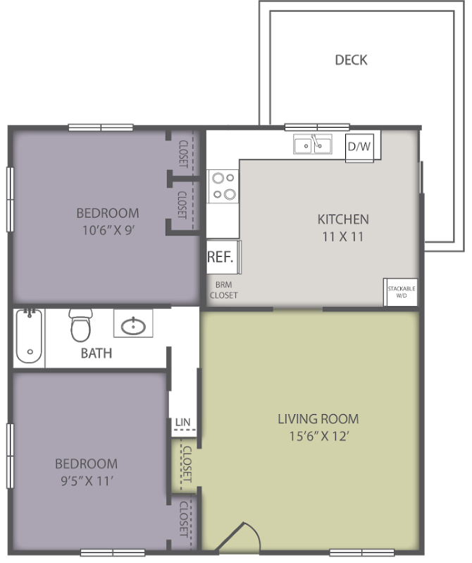 Floor plan for 2 beds, 1 bath, 650 sqft