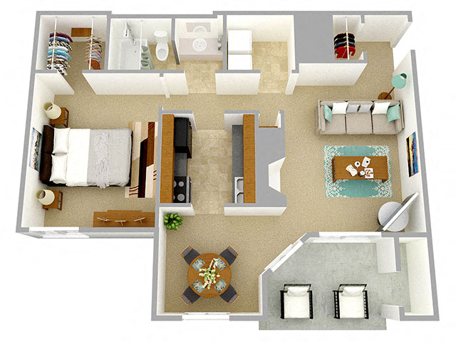 Floor plan for 1 bed, 1 bath, 676 sqft