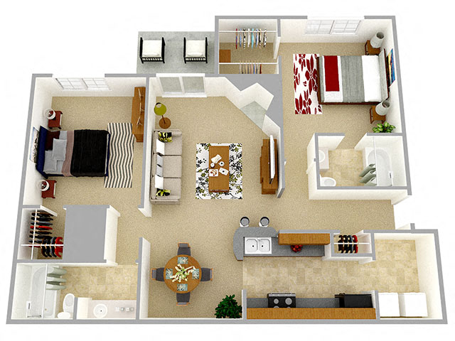 Floor plan for 2 beds, 2 baths, 1000 sqft