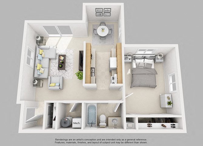Floor plan for 1 bed, 1 bath, 850 sqft