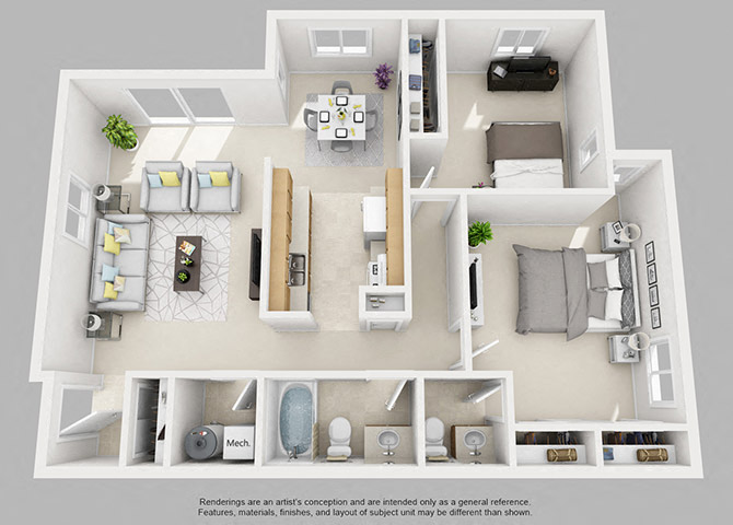 Floor plan for 2 beds, 1.5 baths, 1100 sqft