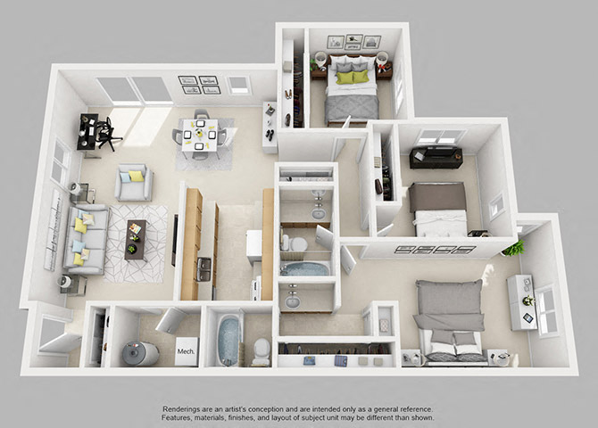 Floor plan for 3 beds, 2 baths, 1270 sqft