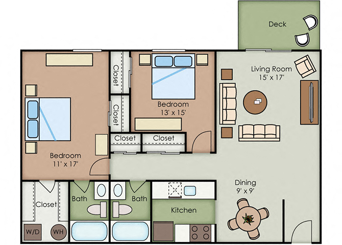 Floor plan for 2 beds, 2 baths, 1074 sqft