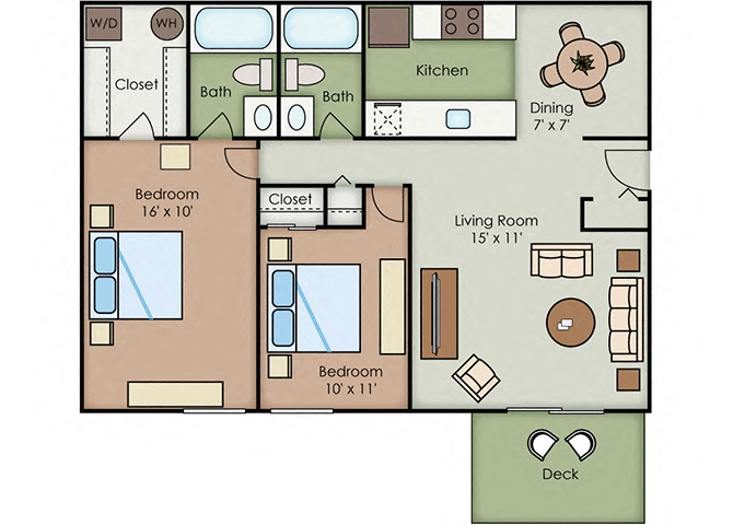 Floor plan for 2 beds, 2 baths, 970 sqft