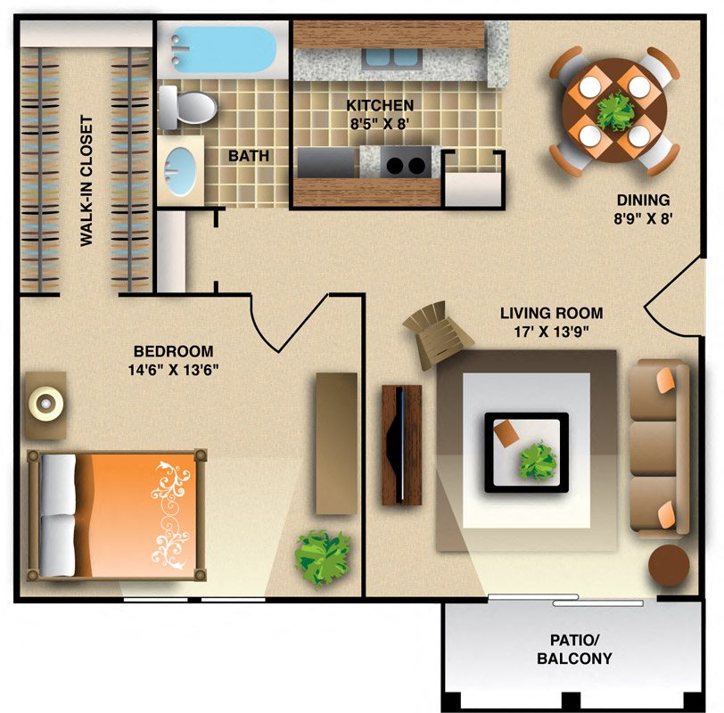 Floor plan for 1 bed, 1 bath, 706 sqft