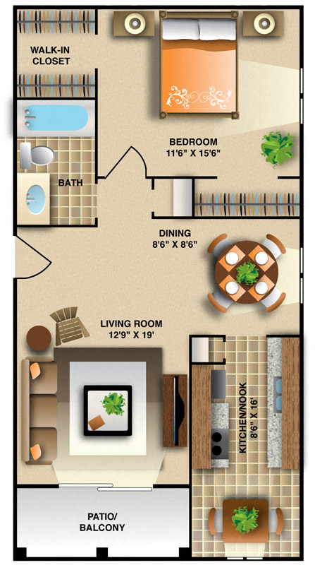Floor plan for 1 bed, 1 bath, 755 sqft
