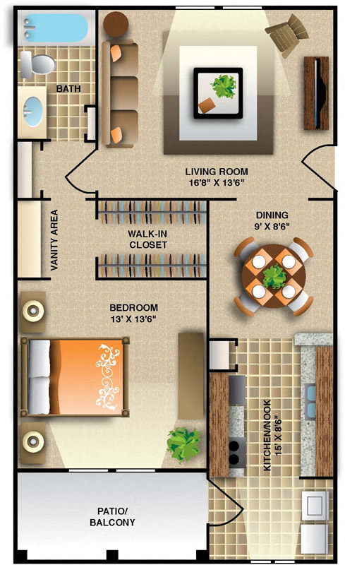 Floor plan for 1 bed, 1 bath, 765 sqft