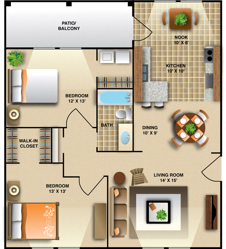 Floor plan for 2 beds, 1 bath, 996 sqft