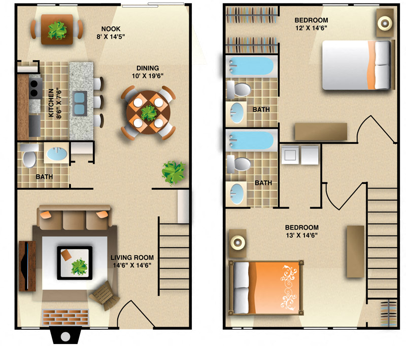 Floor plan for 2 beds, 2 baths, 1224 sqft