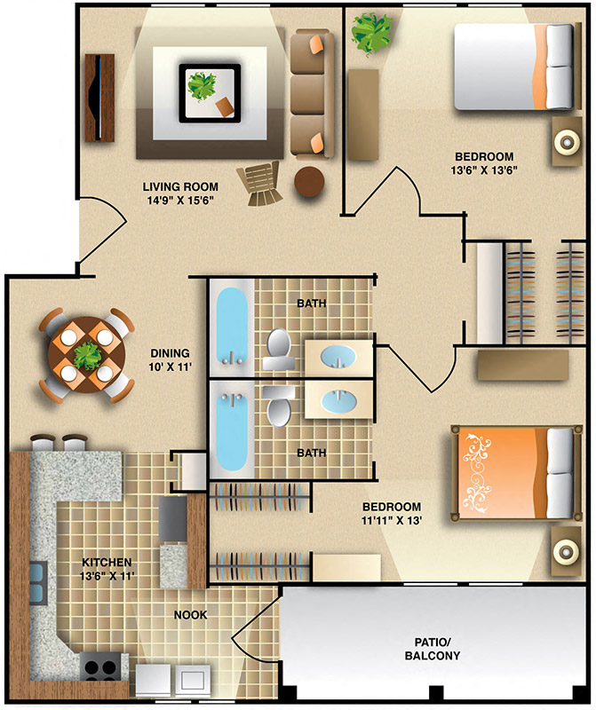 Floor plan for 2 beds, 2 baths, 1071 sqft