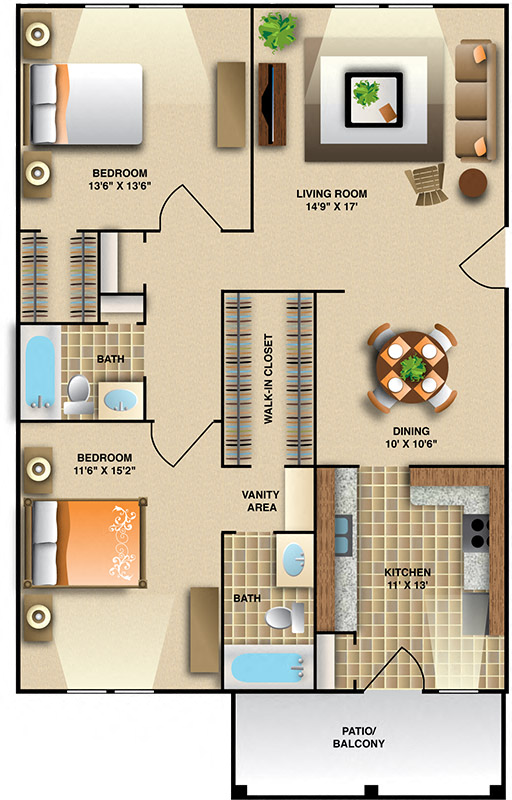 Floor plan for 2 beds, 2 baths, 1130 sqft