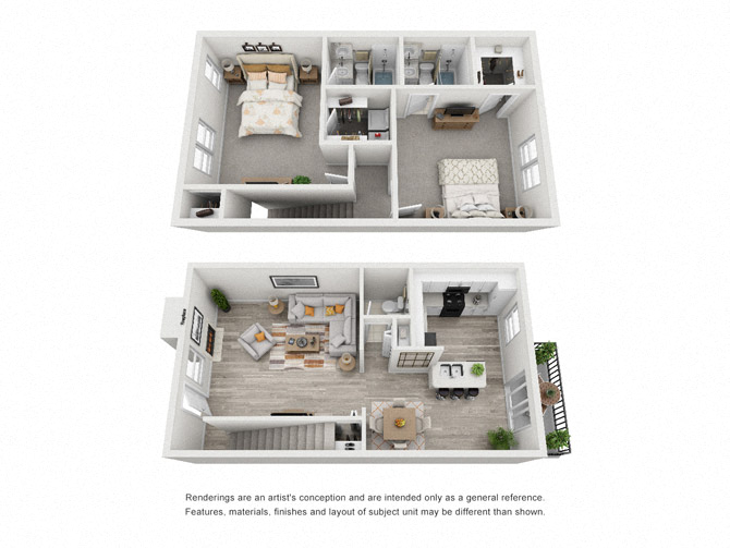 Floor plan for 2 beds, 2.5 baths, 1224 sqft