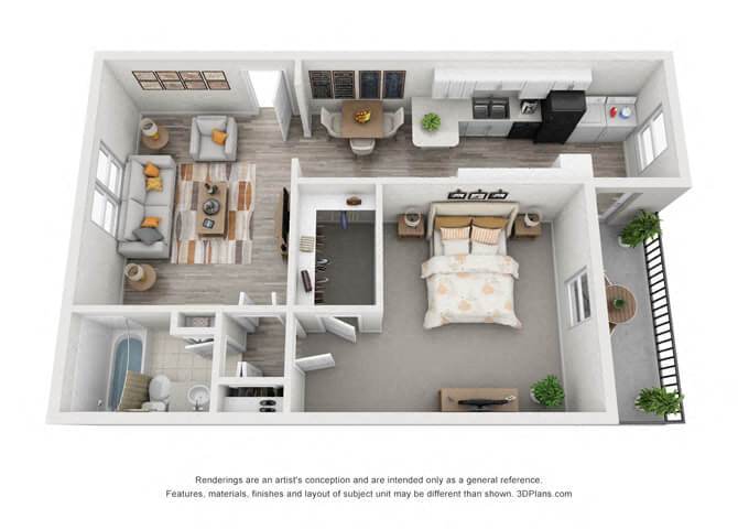 Floor plan for 1 bed, 1 bath, 765 sqft