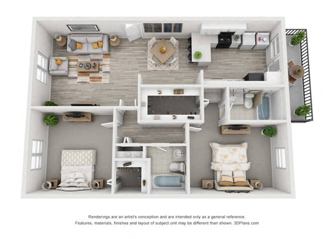 Floor plan for 2 beds, 2 baths, 1130 sqft