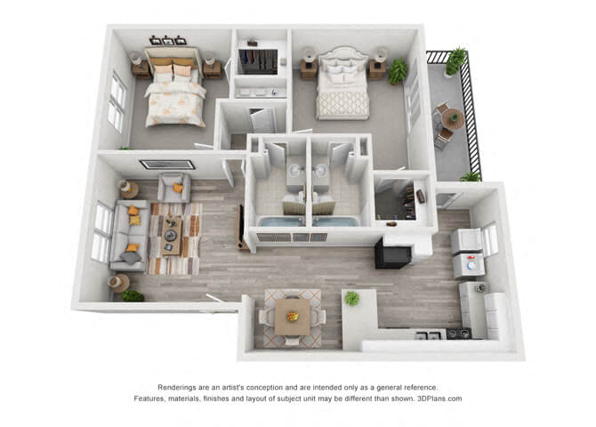 Floor plan for 2 beds, 2 baths, 1071 sqft