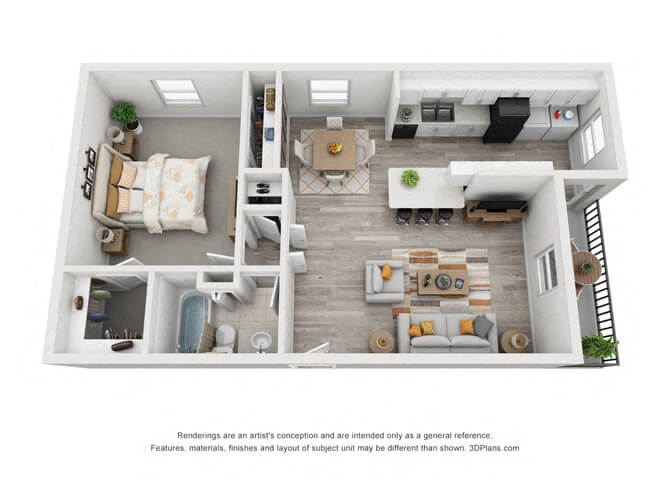 Floor plan for 1 bed, 1 bath, 755 sqft