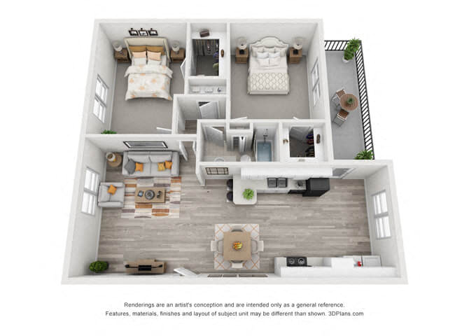 Floor plan for 2 beds, 1 bath, 996 sqft