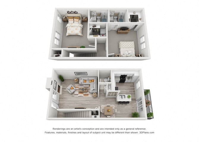 Floor plan for 2 beds, 2.5 baths, 1224 sqft