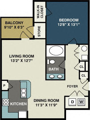 Floor plan for 1 bed, 1 bath, 804 sqft