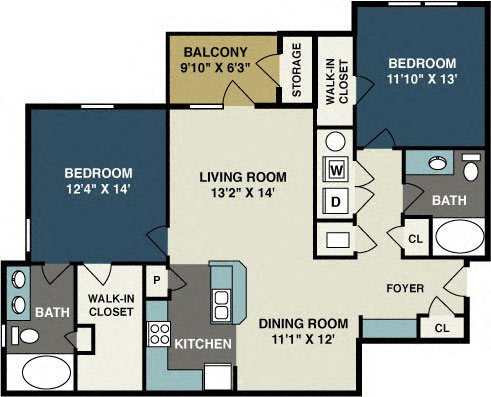 Floor plan for 2 beds, 2 baths, 1161 sqft