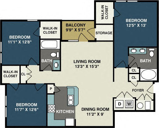 Floor plan for 3 beds, 2 baths, 1336 sqft