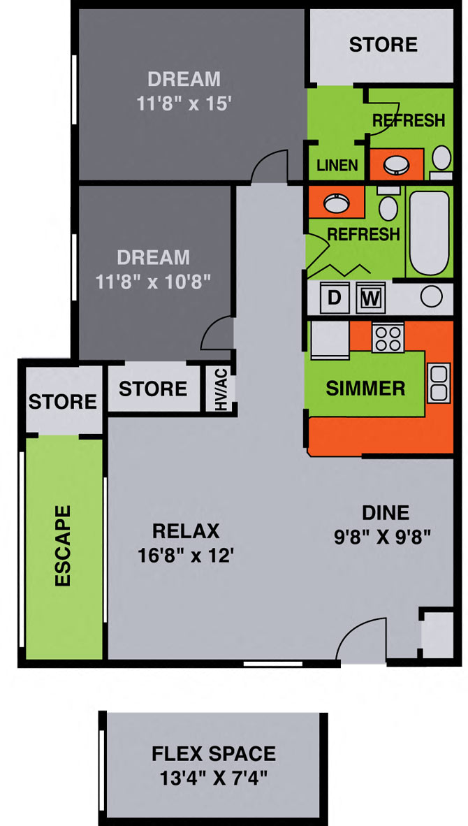 Floor plan for 2 beds, 1.5 baths, 1130 sqft
