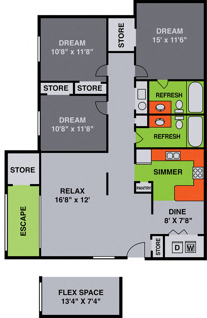 Floor plan for 3 beds, 2 baths, 1360 sqft
